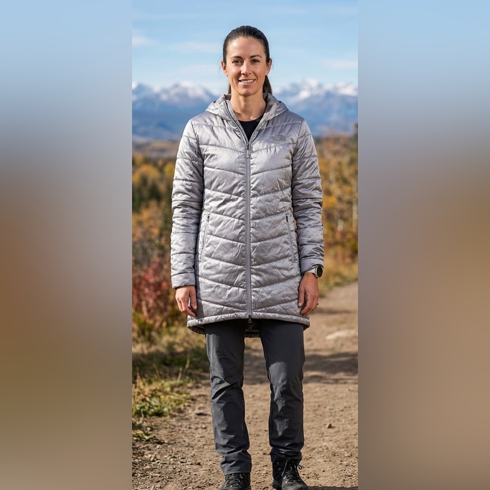 The North Face Silver Tamburello Hooded Long Insulated Quilted Puffer Jacket